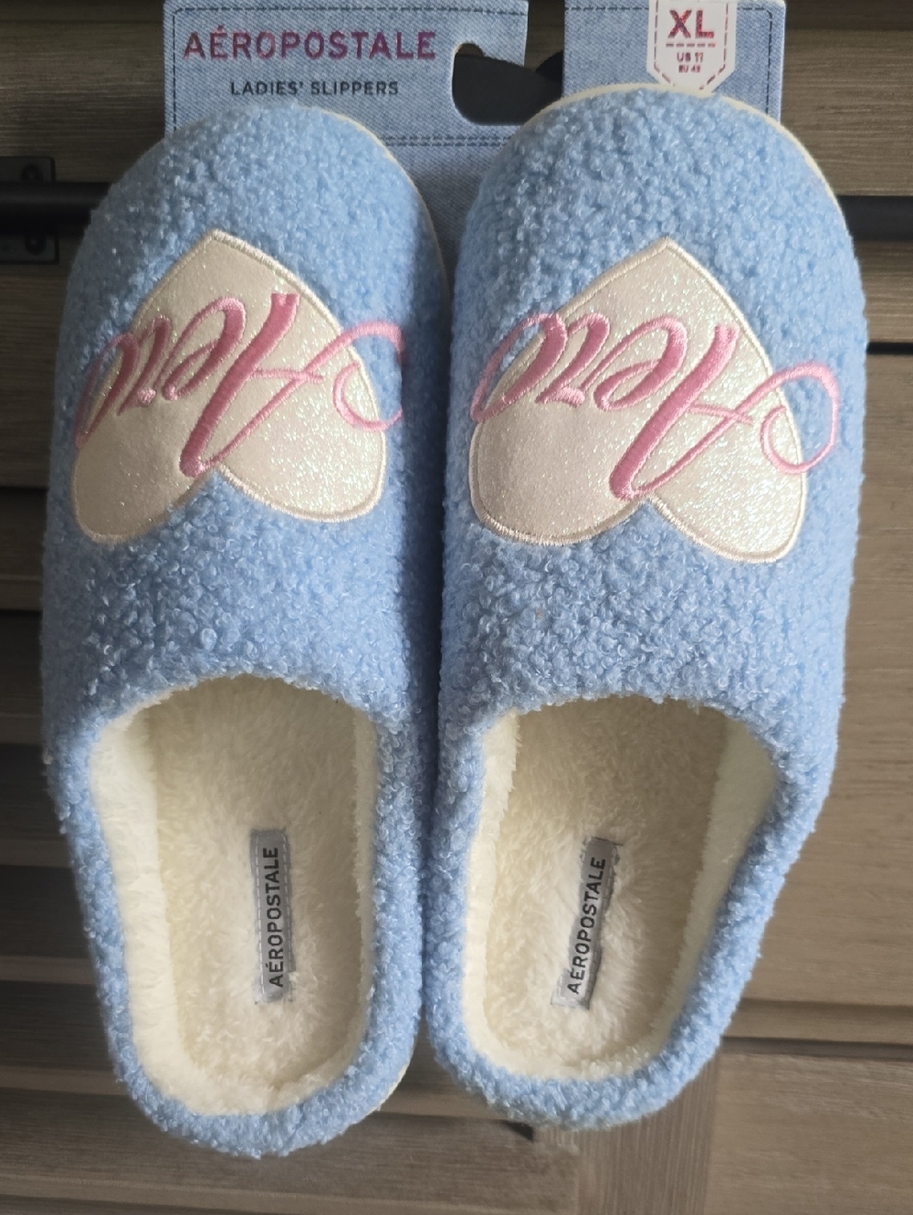 Aeropostale Light Blue Fuzzy Slippers with Shimmer Heart and Pink Script